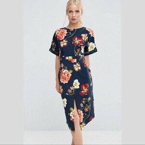 ASOS Navy Floral Split Front Wiggle Dress Sz 2
